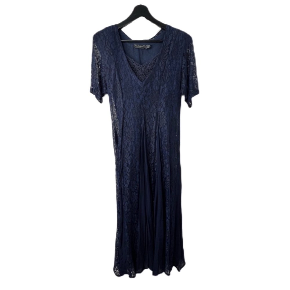 Vintage Nostalgia Lace Panel Maxi Dress size M Navy Fairy Y2K 80s Romantic